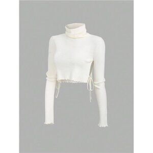 Sweetra New High Collar Side Slit Tie-Up Fashionable Urban Charm Rolled Hem